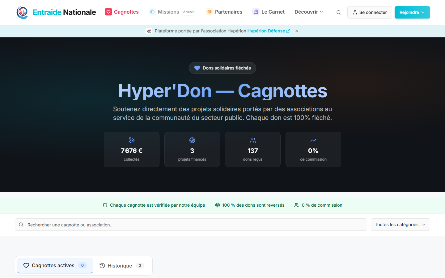 Page des cagnottes Hyper'Don avec les statistiques de collecte en direct