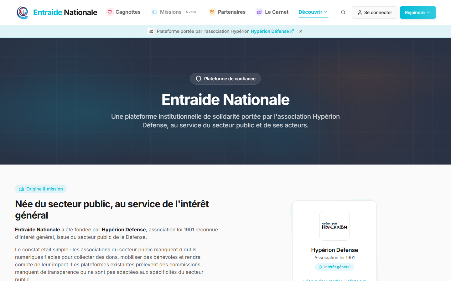 Page "Origine & mission" présentant la plateforme, portée par Hyperion Défense pour le secteur public