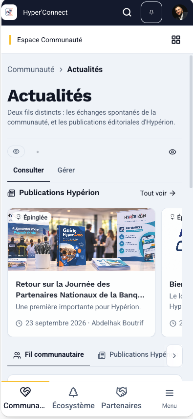 Fil d'actualités de l'espace Communauté d'Hyper'Connect sur mobile