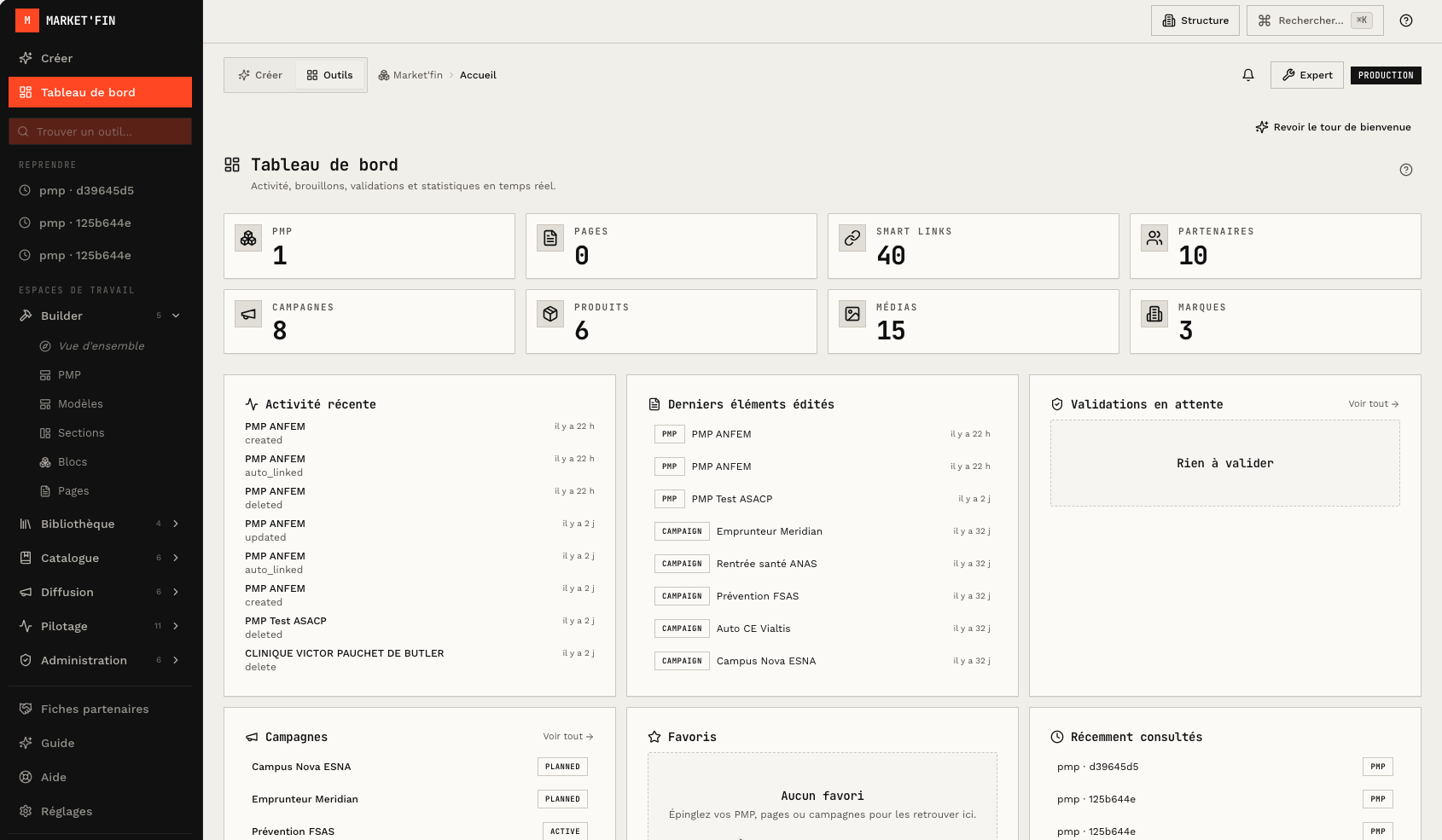 Tableau de bord Market'Fin : campagnes, pages, smart links et partenaires